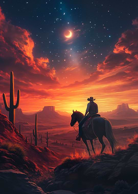 Cowboy on Horseback at Sunset