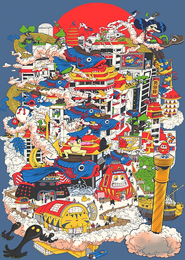 Surreal Japanese Cityscape with Fish