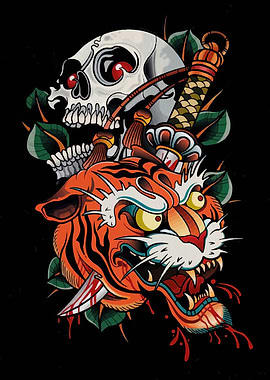 Tiger, Skull, and Dagger Tattoo Art