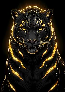 Golden Jaguar Portrait on Black Background