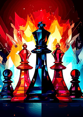Chess Pieces in Fiery Abstract Art