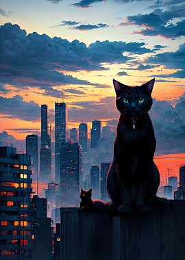Black Cats Overlooking City at Sunset