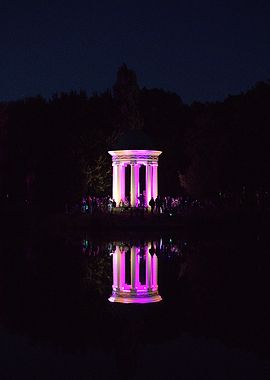 Illuminated Temple Reflection at Night