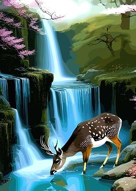 Deer drinking water near waterfall
