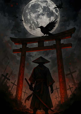 Samurai, Crow, and Torii Gate