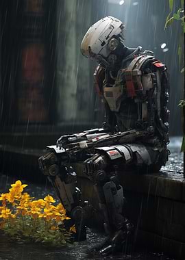 Robot in Rain and Flowers