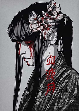 Bloody Geisha with Flowers and Kimono