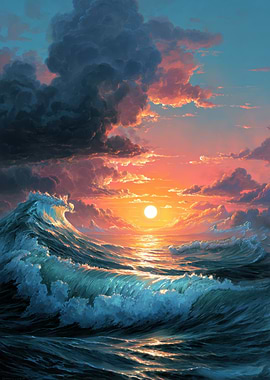 Ocean Waves at Sunset Painting