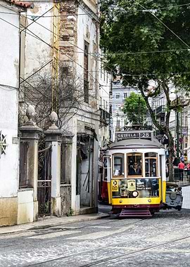 Lisbon Tram 28 on Cobblestone Street