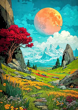 Vibrant Landscape Moon Mountains