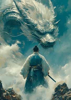 Warrior facing a dragon in the sky