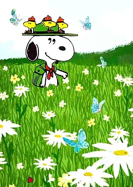 Snoopy and Woodstock in a field