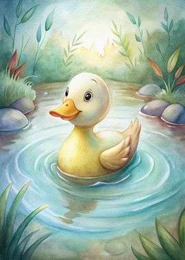 Cute Duckling in Pond Watercolor Painting