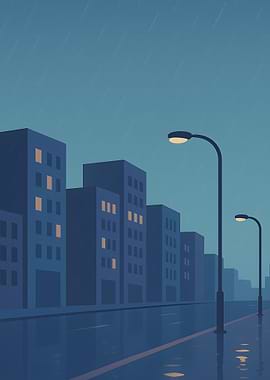 Rainy Cityscape with Streetlights