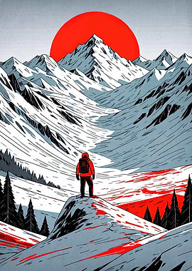 Hiker in Snowy Mountain Landscape