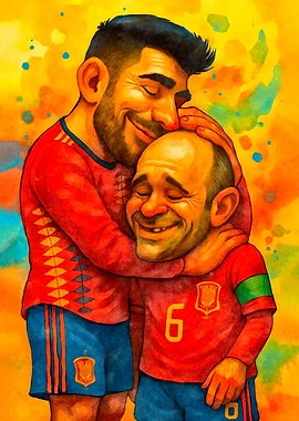 Soccer players hugging watercolor painting