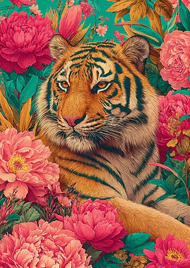 Tiger Portrait Surrounded by Pink Flowers