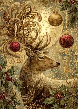 Christmas Deer with Ornaments and Holly