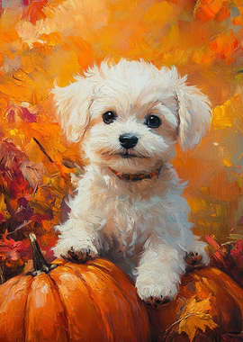 Maltese Puppy with Pumpkins in Autumn Painting | Autumn Dog Art