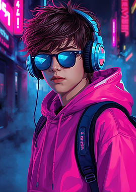 Cyberpunk Teen with Headphones Portrait