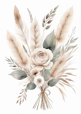 Watercolor Floral Bouquet with Feathers