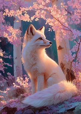 Fox in Cherry Blossom Forest