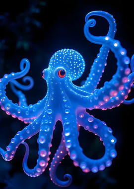 Glowing Blue Octopus in Dark Water