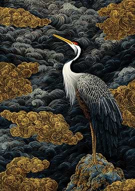 Elegant Crane Amidst Golden Clouds