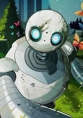 Robot in Garden with Butterflies