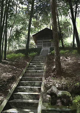 Japanese Shrine in Forest Illustration