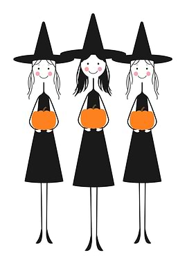 Three Cute Halloween Witches with Pumpkins