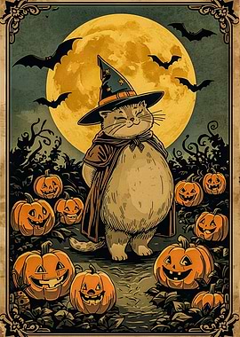 Halloween Cat Wizard with Pumpkins