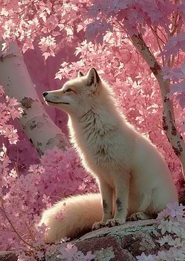 Fox in Pink Blossom Forest