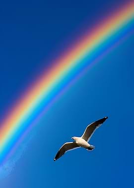 Seagull Flying Under a Rainbow