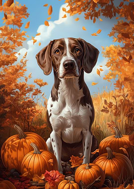 Pointer Dog with Pumpkins in Autumn Scene | Autumn Dog Art