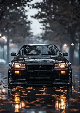 Black Nissan Skyline R34 in Rain