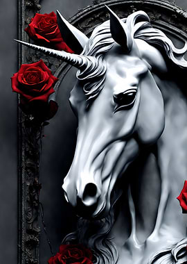 Halloween Horse Unicorn Statue with Red Roses
