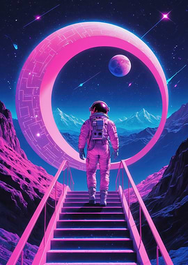 Ascension Through the Neon Ring — Vaporwave Astronaut Space Art