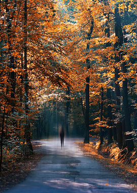 Autumn Forest Path with Figure