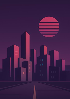 Purple Cityscape with Retro Sun