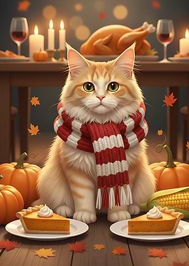 Cozy Thanksgiving Cat with Pumpkin Pie and Autumn Feast