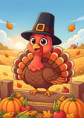 Cartoon Thanksgiving Turkey with Pilgrim Hat