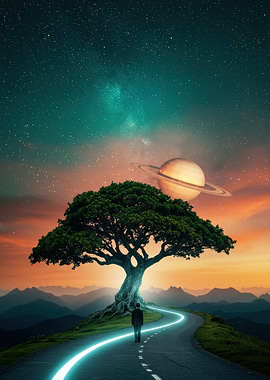 Cosmic Journey: Tree, Planet, and Path