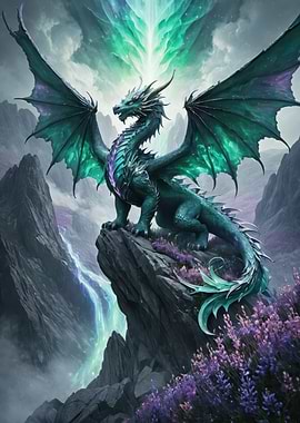Emerald Sky Dragon — Epic Fantasy Creature Perched on a Cliff