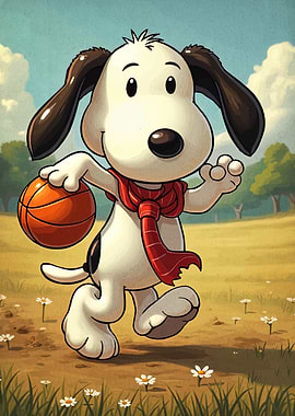 Snoopy playing basketball in a field