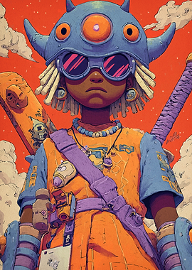 Stylized Warrior with Skateboard and Sword