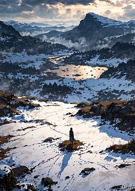Snowy Mountain Landscape with Lone Figure