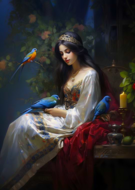 Woman with Birds in a Garden