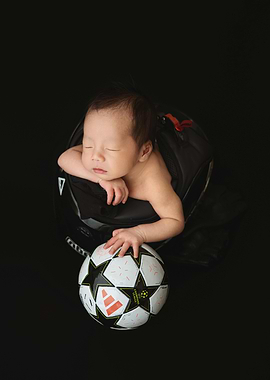 Newborn baby sleeping with soccer ball