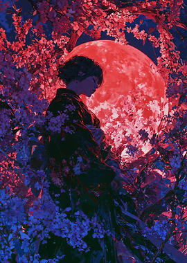 Woman in Kimono with Red Moon